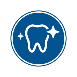 The image displays a graphic icon with a stylized white tooth inside an open blue circle, which contains a small starburst pattern with three stars at its center. The icon represents dental care or a dental service, possibly related to teeth whitening or similar dental services.
